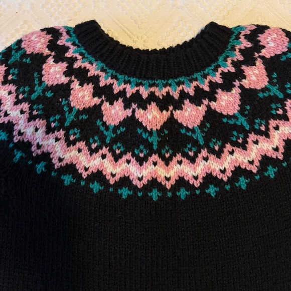 Vintage Women’s Hand Knit Crew Neck Fair Isle Tulip Sweater Black Medium Large - Picture 3 of 6